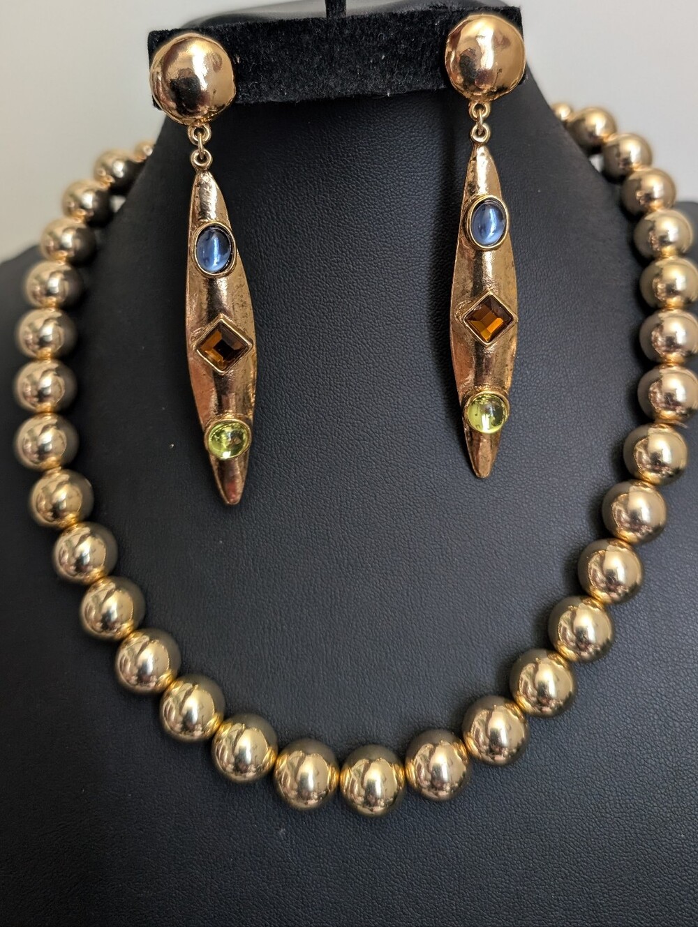 #61. Gold Ball Necklace & Runway Earrings With Multi Color Acrylic Stones